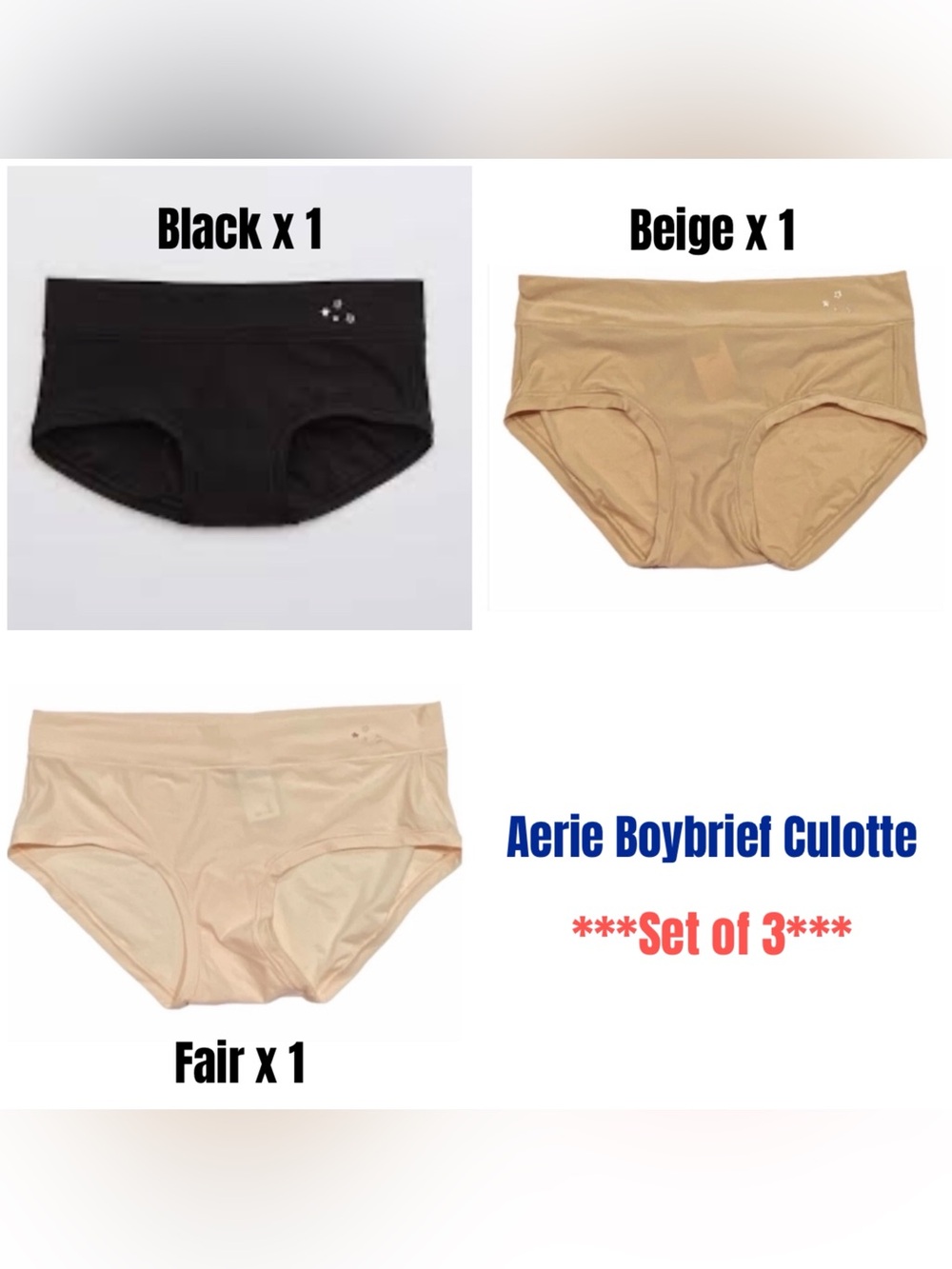 Aerie SET of 3 boy brief culotte in black, fair and beige M